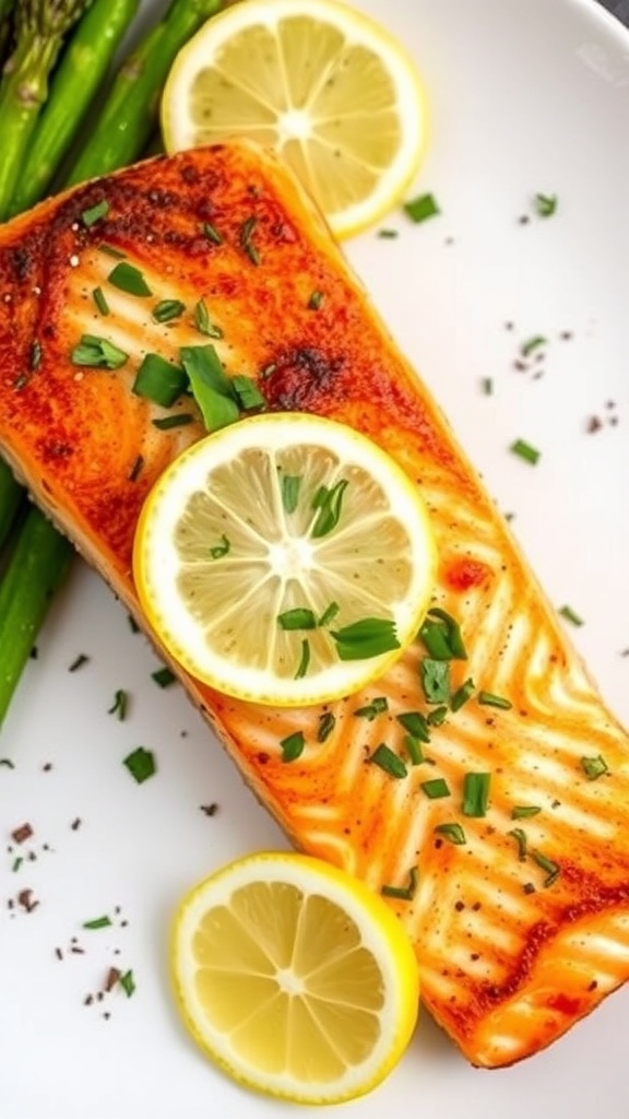 Crispy Air Fryer Salmon Dinner Crispy air fryer salmon fillet garnished with herbs and lemon, served with asparagus on a white plate.